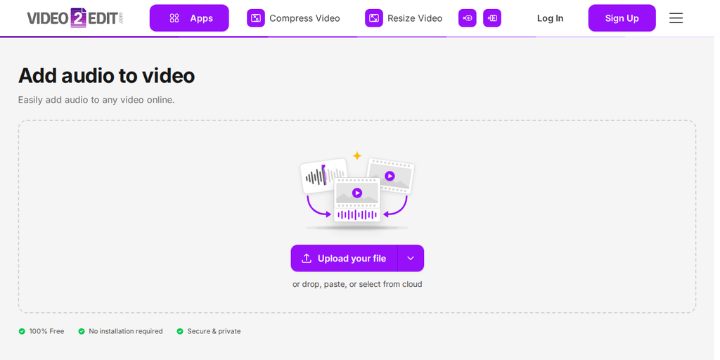 The Add audio to video page on Video2Edit, showing the "Upload your file" button