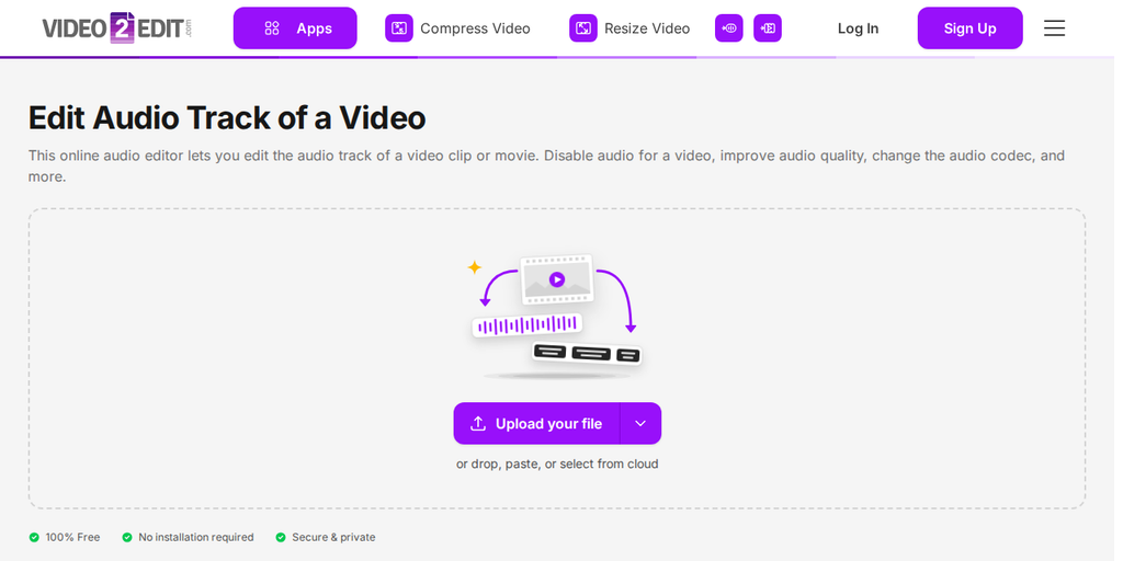 The Audio Editor page on Video2Edit, showing the "Upload your file" button
