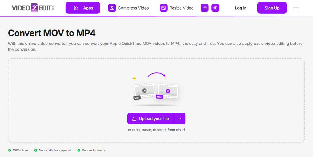 The Convert MOV to MP4 page on Video2Edit, showing the "Upload your file" button