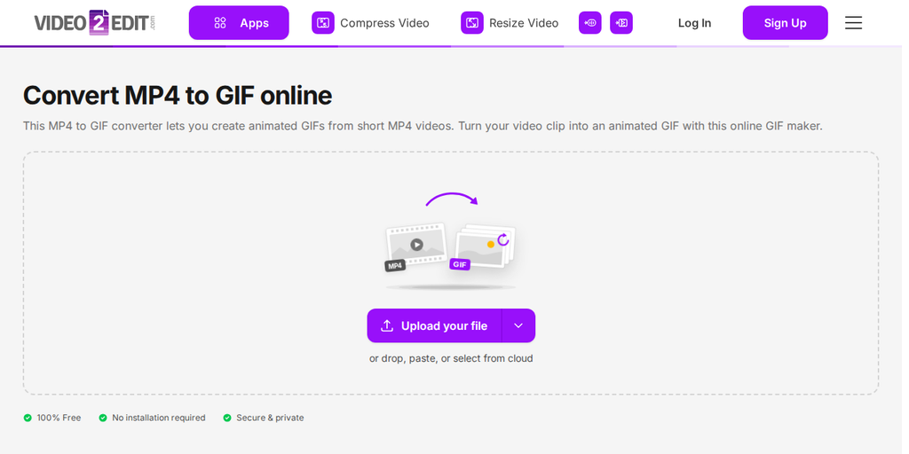 The Convert MP4 to GIF page on Video2Edit, showing the "Upload your file" button