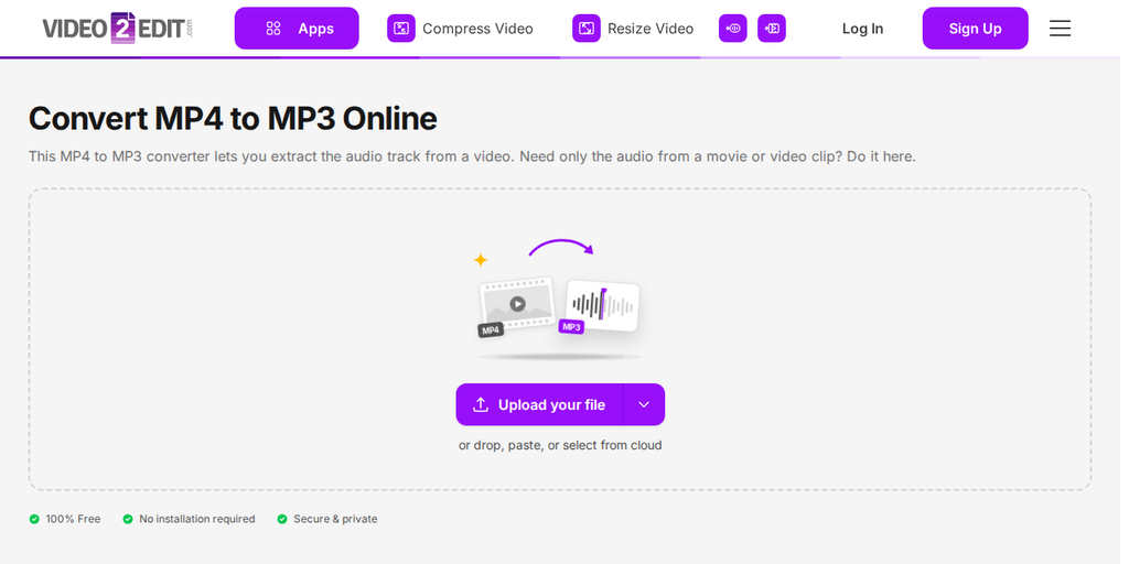 The Convert MP4 to MP3 page on Video2Edit, showing the "Upload your file" button