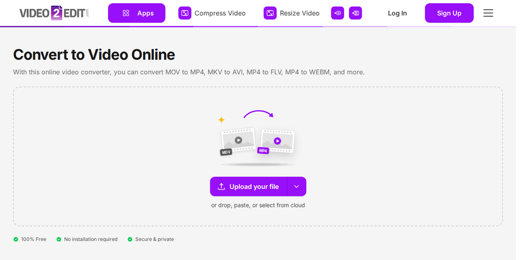 The Convert To Video page on Video2Edit, showing the "Upload your file" button