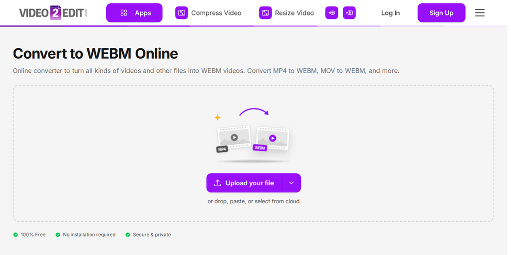 The Convert To WEBM page on Video2Edit, showing the "Upload your file" button