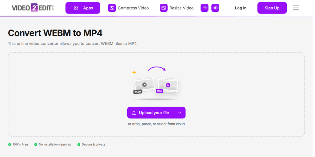 The Convert WEBM to MP4 page on Video2Edit, showing the "Upload your file" button