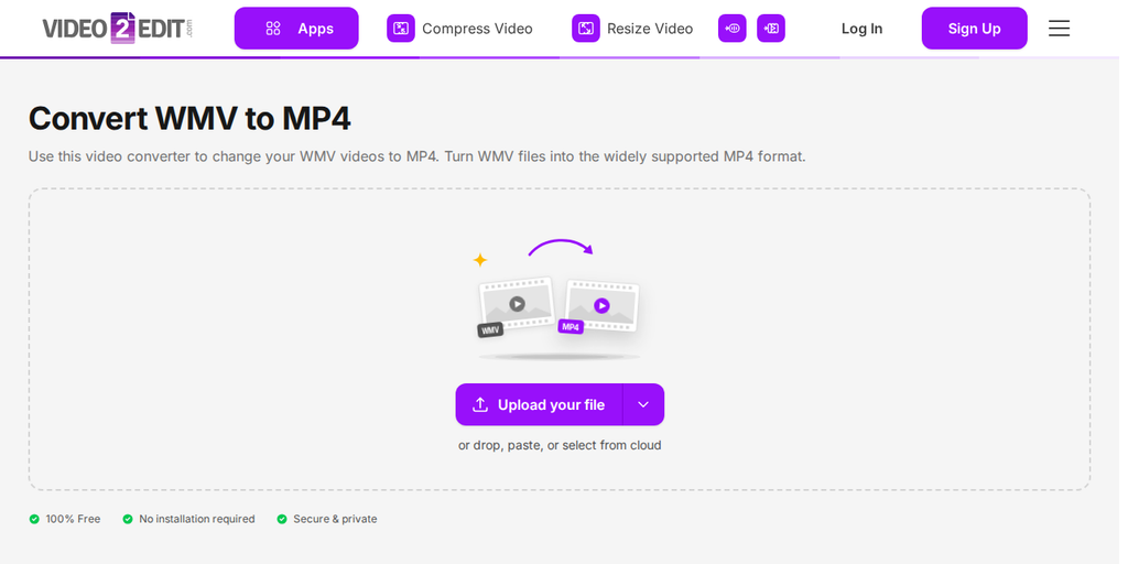 The Convert WMV to MP4 page on Video2Edit, showing the "Upload your file" button