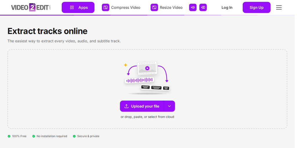 The Extract Tracks page on Video2Edit, showing the "Upload your file" button
