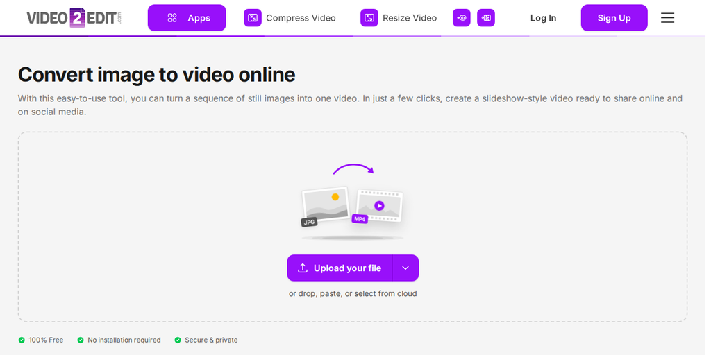 The Convert images to video page on Video2Edit, showing the "Upload your file" button