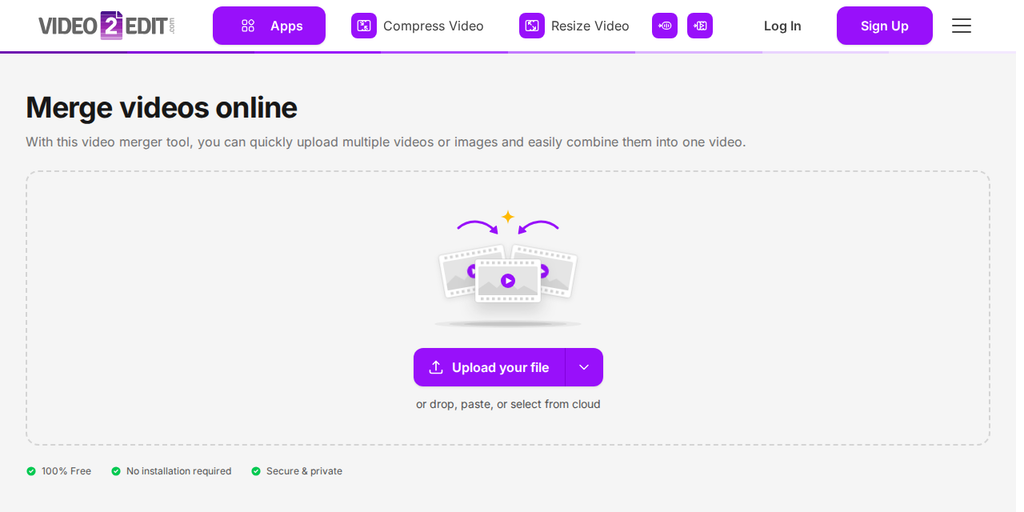 The Merge Video page on Video2Edit, showing the "Upload your file" button