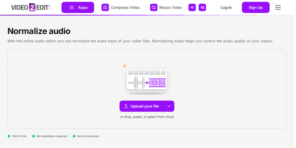 The Normalize Audio page on Video2Edit, showing the "Upload your file" button