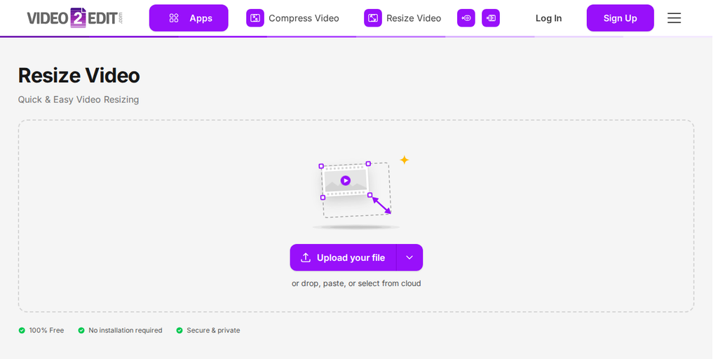 The Resize Video page on Video2Edit, showing the "Upload your file" button